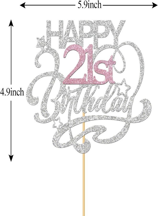 Confetti! Happy Birthday Cake Topper | Cheers to Another Year | Children's Birthday Party Decor Supplies | Silver & Pink Glitter (21st Birthday) - Image 2
